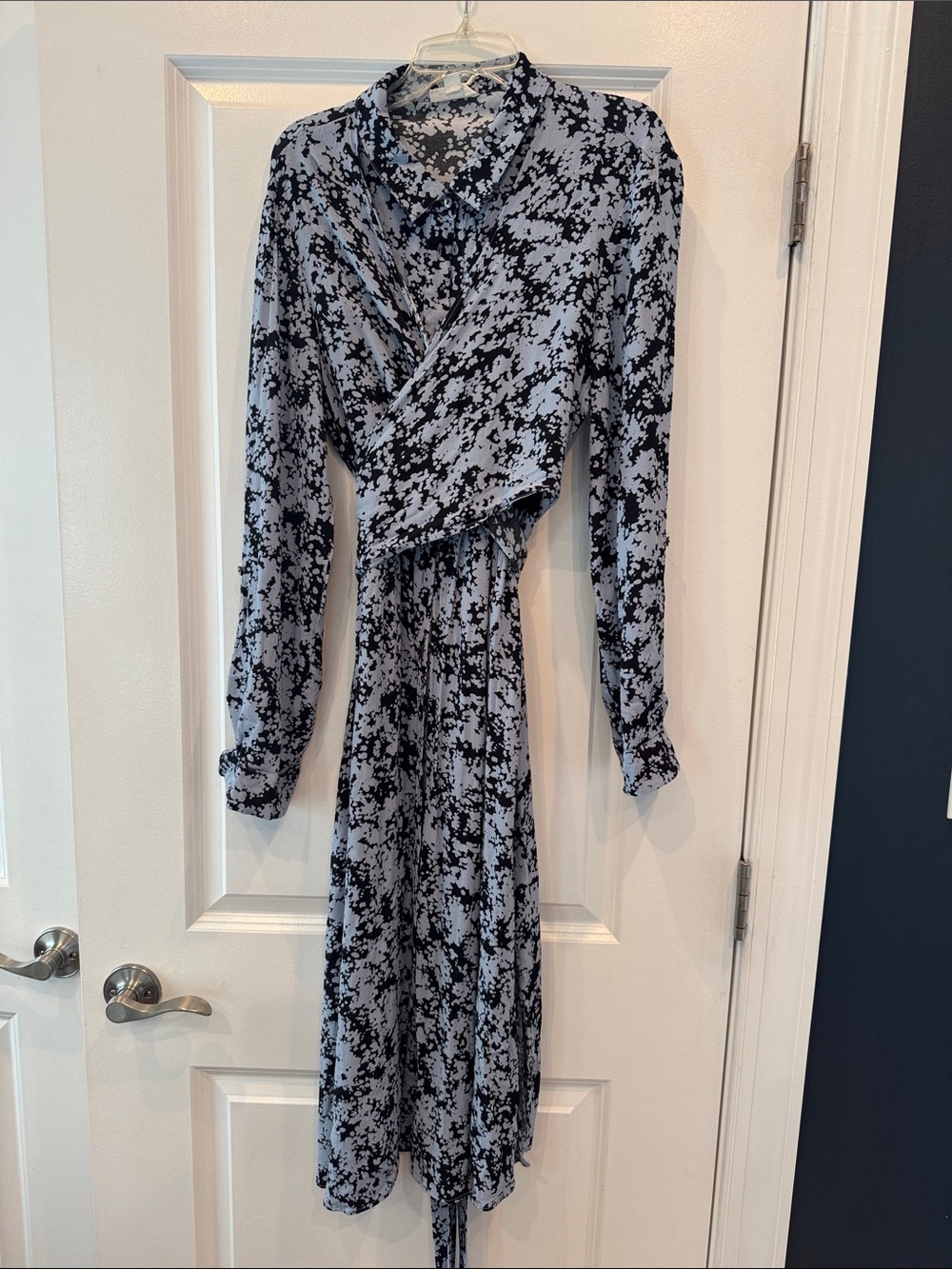 Seraphine Light Blue and Black Floral Wrap Maternity and Nursing Midi Dress